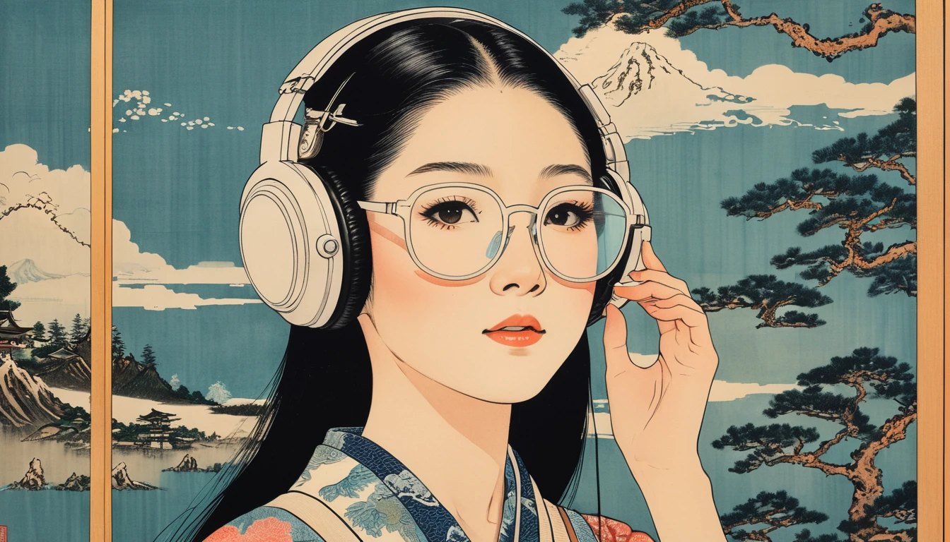 (((Katsushika Hokusai))), ((Pretty Japanese woman)), Light colored sunglasses, Japanese style headphones, Straight Hair