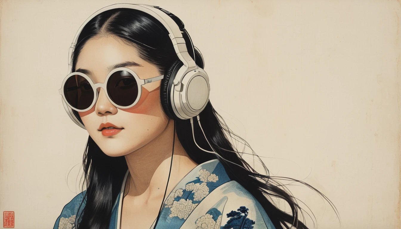 (((Katsushika Hokusai))), ((Pretty Japanese woman)), Light colored sunglasses, Japanese style headphones, Straight Hair