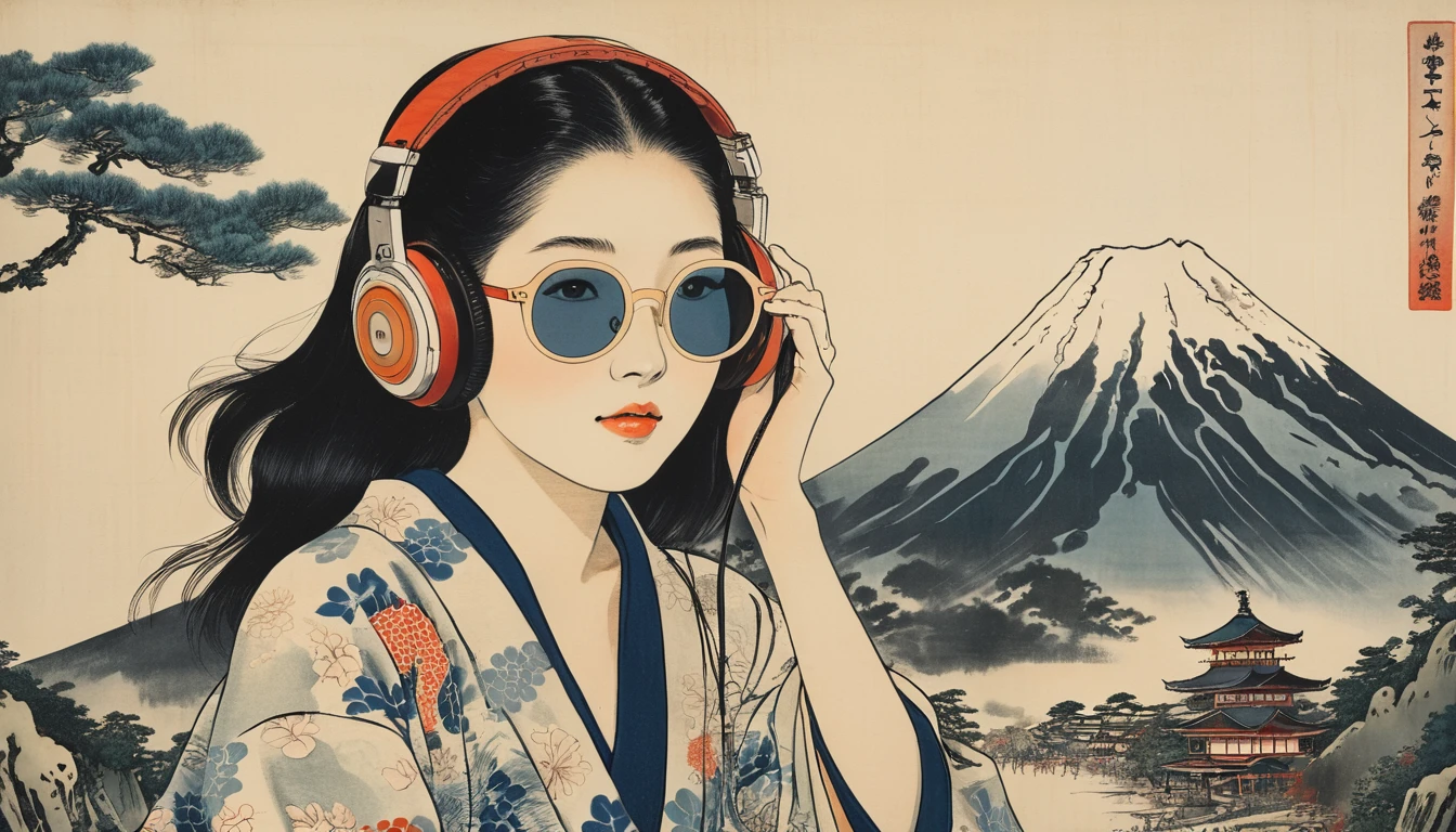 (((Katsushika Hokusai))), ((Pretty Japanese woman)), Light colored sunglasses, Japanese style headphones, Straight Hair