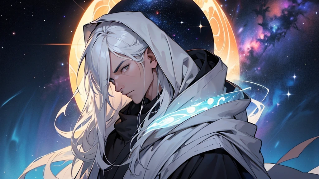 "Create an image of a hooded man wearing grey robes, faceless, with cosmic elements in place of his face, close to the 'camera'. The man should be depicted in a close-up shot, with his hood casting shadows over where his face would be. Instead of a visible face, intricate cosmic patterns, resembling galaxies, stars, and nebulae, should fill the space where his face should be. The cosmic elements should blend seamlessly with the folds and textures of his grey robes. The background should be minimalistic or softly blurred to emphasize the cosmic detail on the man's 'face'. The overall mood should convey a sense of mystery, transcendence, and a deep connection to the cosmos."
