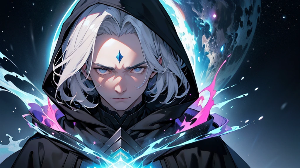 "Create an image of a hooded man wearing grey robes, faceless, with cosmic elements in place of his face, close to the 'camera'. The man should be depicted in a close-up shot, with his hood casting shadows over where his face would be. Instead of a visible face, intricate cosmic patterns, resembling galaxies, stars, and nebulae, should fill the space where his face should be. The cosmic elements should blend seamlessly with the folds and textures of his grey robes. The background should be minimalistic or softly blurred to emphasize the cosmic detail on the man's 'face'. The overall mood should convey a sense of mystery, transcendence, and a deep connection to the cosmos."