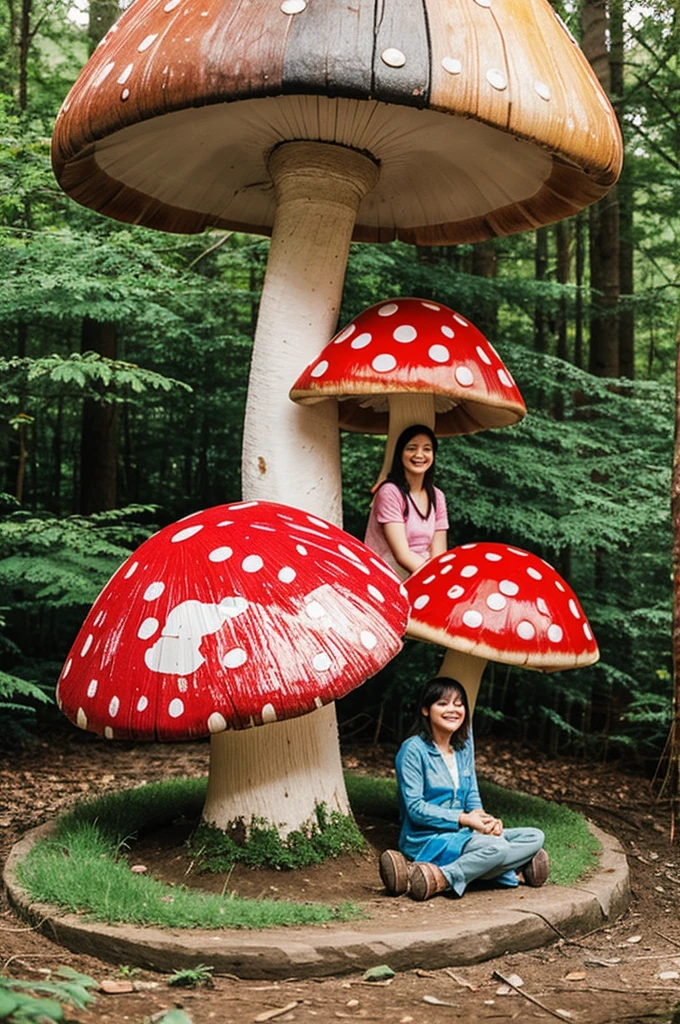 Two women holding hands sitting on a colorful giant mushroom