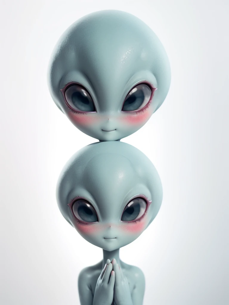 (((Masterpiece))), (high quality),(one alien girl:1.2), ,(innocent smile),5 heads,(Skinhead,Gray aliens,Large, dark, almond-shaped eyes,:1.2),(No hair, no whites, no ears:1.3),(Wearing a silver body-fitting suit:1.2),(Close-up of a blushing face,Place both hands on cheeks:1.5),Plain background,(from above:1.5)