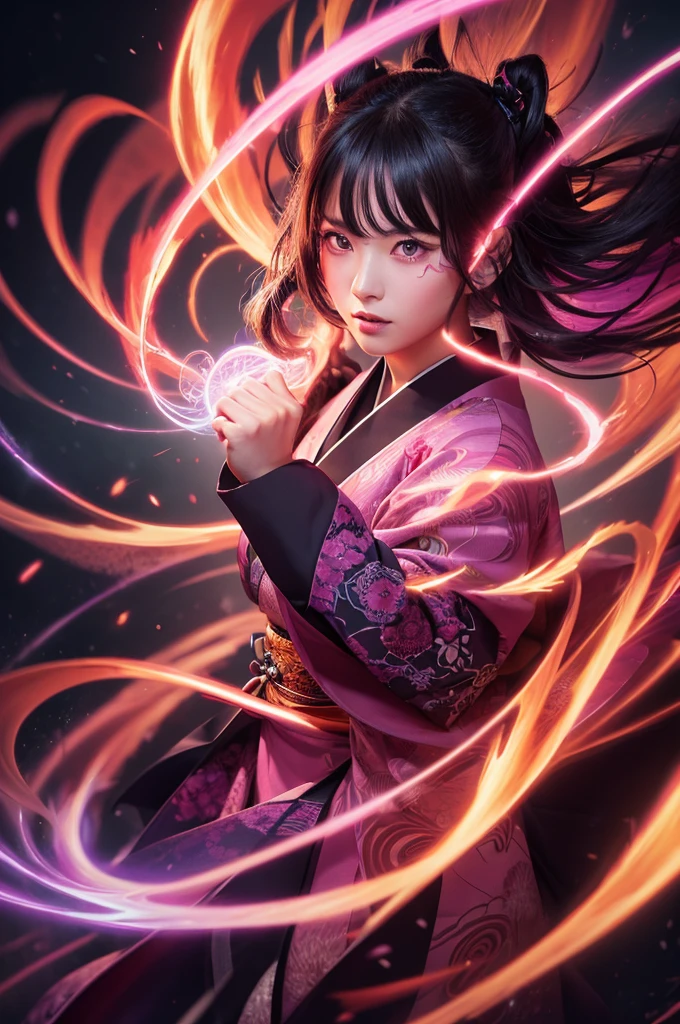 
A fierce Japanese girl is depicted in a vertical, anime-style illustration. She has long, flowing dark hair highlighted with vibrant pink streaks, and her eyes glow an intense, matching pink. She is wearing a traditional kimono with intricate patterns, and her expression is determined and powerful. Her fist is extended forward, emanating bright, pink energy that swirls around her, creating a dynamic and intense atmosphere.

The background is a chaotic swirl of dark purples and pinks, enhancing the sense of movement and energy. The artist employs digital painting techniques to achieve high detail, particularly in the glowing energy effects and the intricate designs of the kimono. The lighting is dramatic, with strong contrasts and glowing highlights that emphasize the character's fierce aura. The use of vivid colors and dynamic composition creates a visually striking and emotionally charged image.