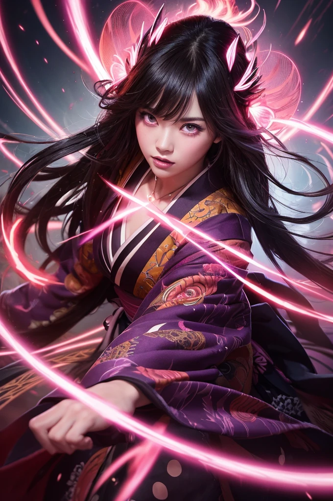 
A fierce Japanese girl is depicted in a vertical, anime-style illustration. She has long, flowing dark hair highlighted with vibrant pink streaks, and her eyes glow an intense, matching pink. She is wearing a traditional kimono with intricate patterns, and her expression is determined and powerful. Her fist is extended forward, emanating bright, pink energy that swirls around her, creating a dynamic and intense atmosphere.

The background is a chaotic swirl of dark purples and pinks, enhancing the sense of movement and energy. The artist employs digital painting techniques to achieve high detail, particularly in the glowing energy effects and the intricate designs of the kimono. The lighting is dramatic, with strong contrasts and glowing highlights that emphasize the character's fierce aura. The use of vivid colors and dynamic composition creates a visually striking and emotionally charged image.