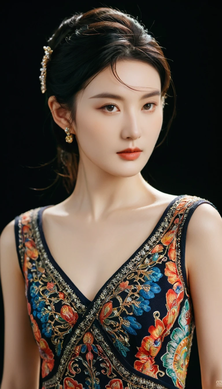 ((最大16K解像度のmasterpiece:1.6)),beautiful,best quality,It's really great,very detailed,ultra high resolution,masterpiece,realistic,realistic,Increased depth of field,cinematic light,
One elegant mature woman, long black hair,beautiful顔,very detailedな顔,A face with a gentle expression,Clear and white skin,very delicate skin texture,great proportions,anatomically correct body,
high slit dress,brilliant colors,Colorful and detailed patterns,디테일이 beautiful 패턴,detailed cloth texture,
black background,
(focus on face:1.5),face close up,portrait photography,