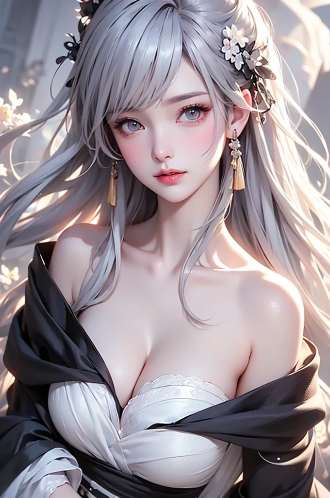 super high quality, masterpiece, Perfect illustration, Very detailed、8k wallpaper, Very detailed (Exquisite light and shadow, Very dramatic photo,Backlight) , ((Gray Hair:1.5))1 Girl, alone, (Wearing Han clothes, Royalty、Black and white Hanfu,Thick fabric,Long sleeve) Flower Field, Flowers, (White smoke:1.3) (Realistic:1.4),  (Dynamic Angle: 1.4), Glowing Skin, (Floating colorful flashes: 1) The most beautiful chaotic shapes, elegant, Brutalist Design, Bright colors, Romantic Depth of Field Exotic_dance, half_naked、((Off the shoulder、Medium Chest、Beautiful cleavage))