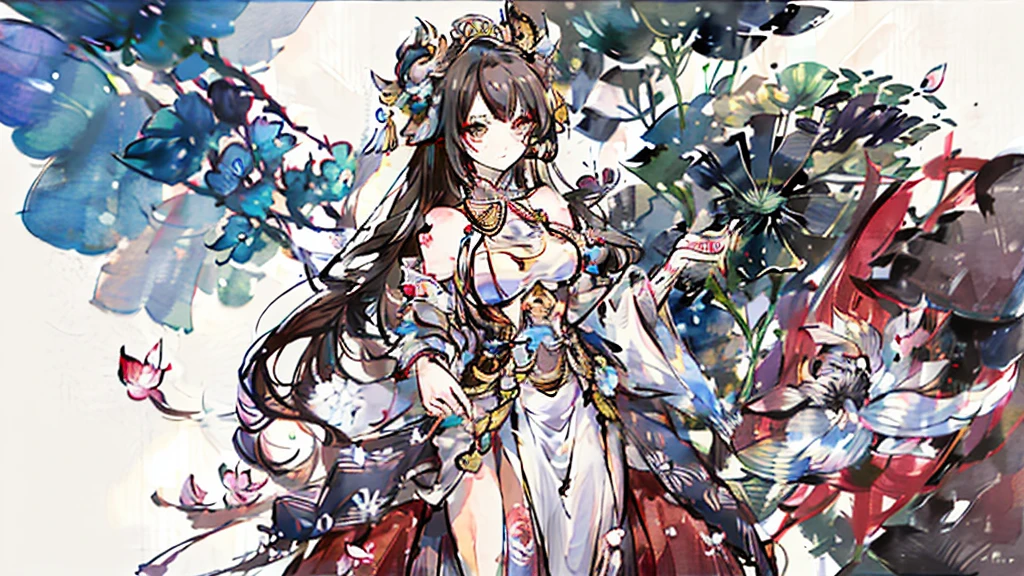 Kali hindu goddess but male. 6 arms, brown skin, blue eyes and long brown hair. Monk robes covering a muscular torso. Serene face, meditating while hovering. Background shows a lotus flowers with translucent colors.