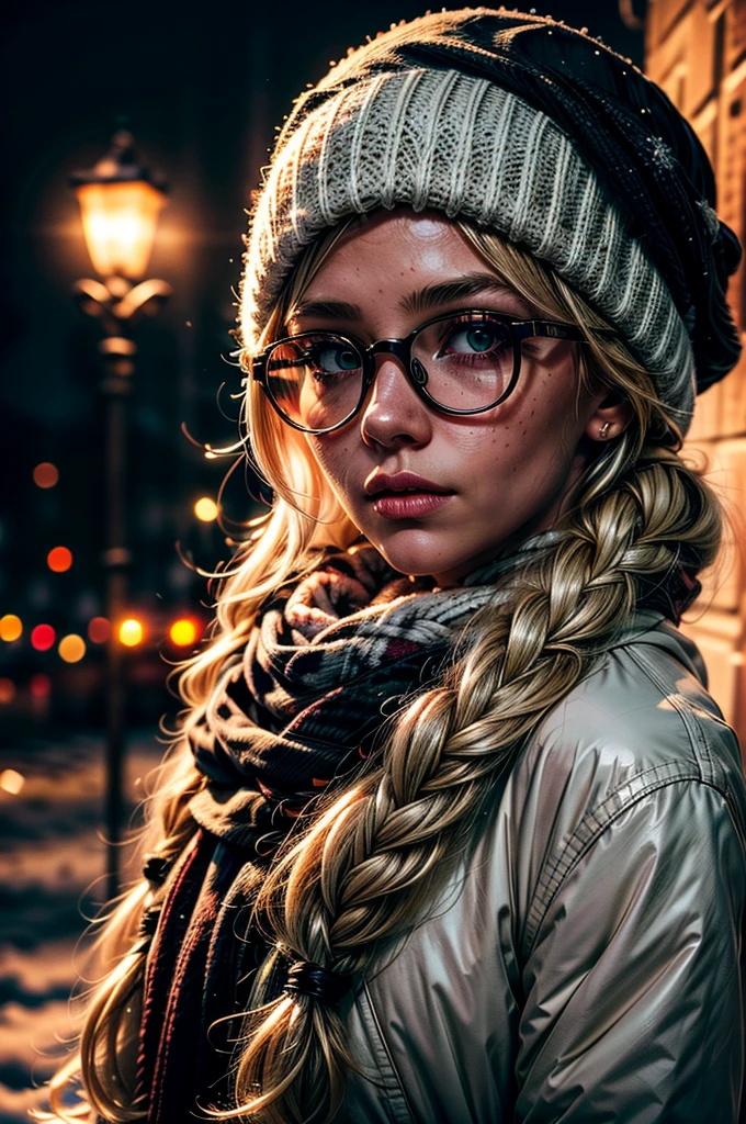 1 girl, blonde hair, long hair, crownbraid, snowcap, round eyewear, glasses, white winter furcoat, snow, standing, in snow, night, solo, orange lighting, pink scarf, hand on scarf, green eyes, black gloves, close up, moonlight, snowing, freckles