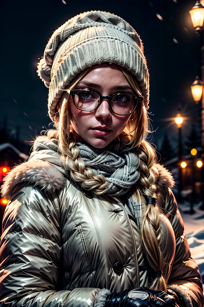 1 girl, blonde hair, long hair, crownbraid, snowcap, round eyewear, glasses, white winter furcoat, snow, standing, in snow, night, solo, orange lighting, pink scarf, hand on scarf, green eyes, black gloves, close up, moonlight, snowing, freckles