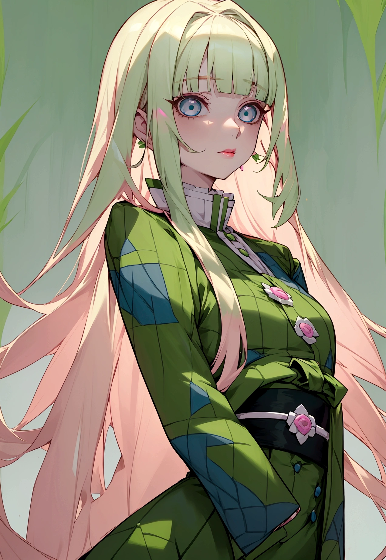 a tall woman, waist-length blonde hair, with straight bangs, blue eyes, pastel pink lips, pale skin and a look that transmits tranquility, swamp green hunter uniform, estilo kimetsu no yaiba