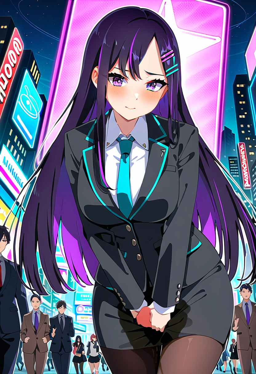 (masterpiece:1.37), best quality, (extremely detailed:1.37), woman, mature, adult, large breasts, very long hair, (straight hair:1.5), dark purple hair, purple eyes, (extremely detailed eyes:1.37), business suit, necktie, (long pencil skirt:1.5), pantyhose, desperation, (wetting: self 3.0), standing, embarrassed, humiliation, blushing, angry, city, futuristic, neon lighting, high-tech, street