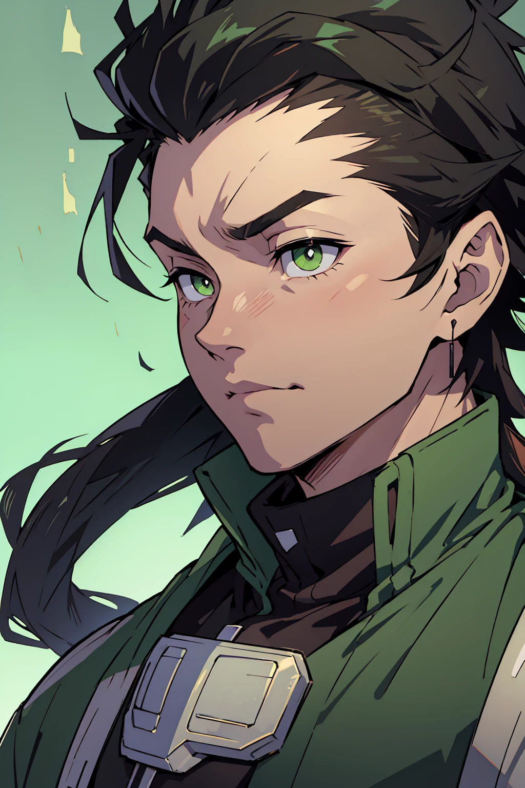 boy, black hair, light green eyes, athletic body, Demon Slayer clothes 