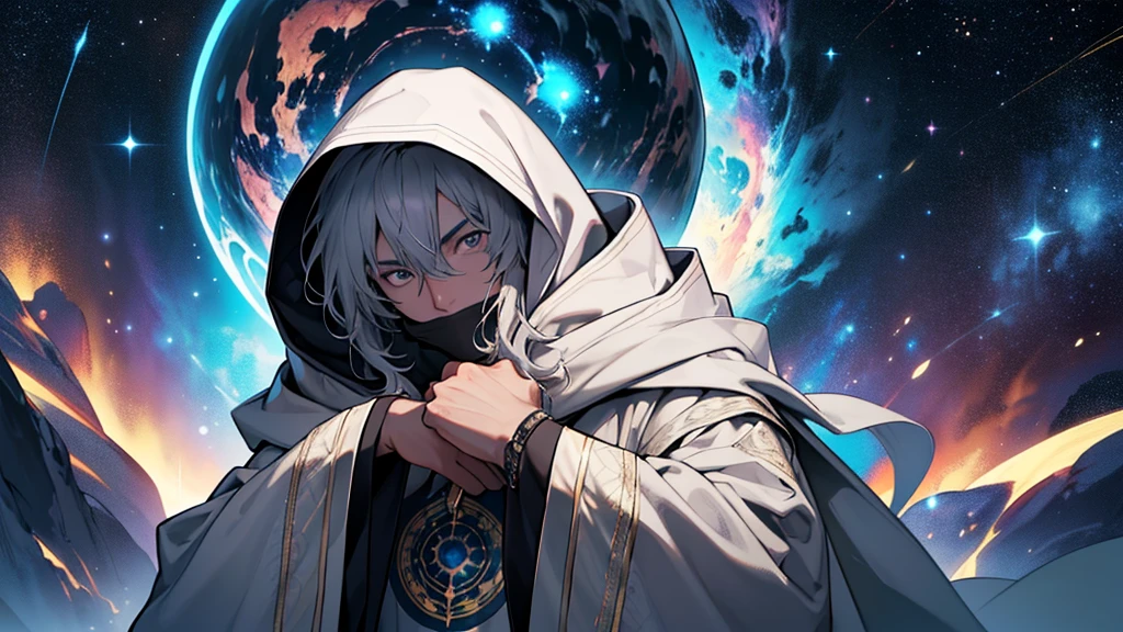 "Create an image of a hooded man wearing grey robes, faceless, with cosmic elements in place of his face, close to the 'camera'. The man should be depicted in a close-up shot, with his hood casting shadows over where his face would be. Instead of a visible face, intricate cosmic patterns, resembling galaxies, stars, and nebulae, should fill the space where his face should be. The cosmic elements should blend seamlessly with the folds and textures of his grey robes. The background should be minimalistic or softly blurred to emphasize the cosmic detail on the man's 'face'. The overall mood should convey a sense of mystery, transcendence, and a deep connection to the cosmos."