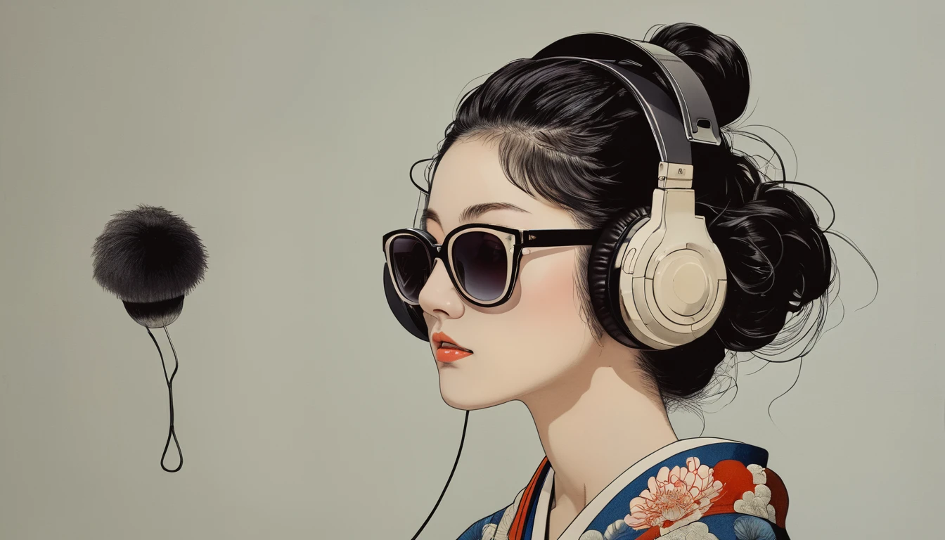 (((Katsushika Hokusai))), ((Japanese)), Light colored sunglasses, Japanese style headphones, straighthair, Horror elements