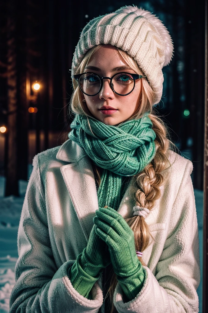 1 girl, blonde hair, long hair, crownbraid, snowcap, round eyewear, glasses, white winter furcoat, snow, standing, in snow, night, solo, orange lighting, pink scarf, hand on scarf, green eyes, black gloves, close up, moonlight, snowing, freckles