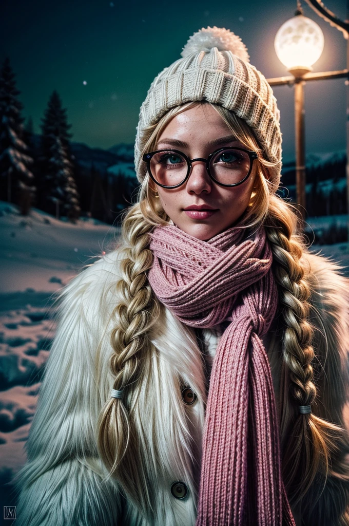 1 girl, blonde hair, long hair, crownbraid, snowcap, round eyewear, glasses, white winter furcoat, snow, standing, in snow, night, solo, orange lighting, pink scarf, hand on scarf, green eyes, black gloves, close up, moonlight, snowing, freckles