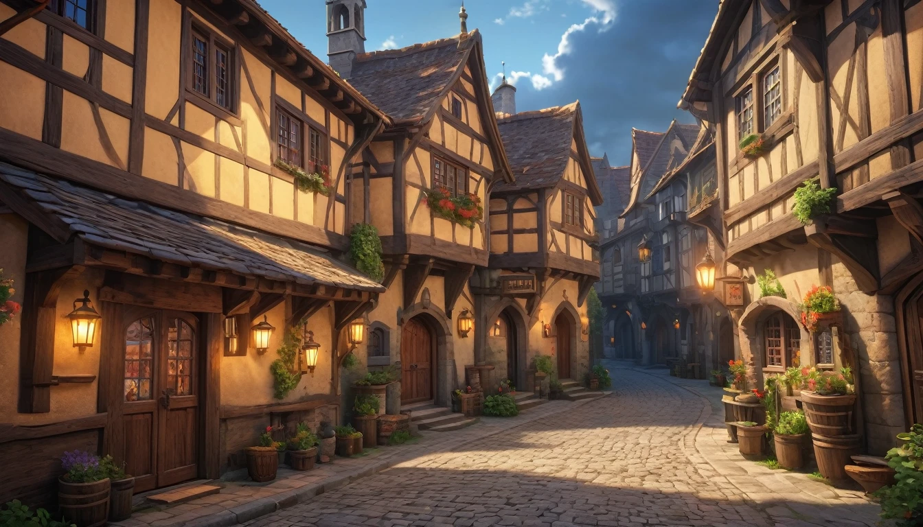 (anime, fantasy, medieval town), (detailed CG unity 8k wallpaper, masterpiece, best quality, ultra-detailed, HDR:1.2), vibrant colors, intricate, high FXAA, a humble medieval town, intersection alley, fantasy medieval, unique houses, dramatic lighting, dramatic camera angle, moody atmosphere