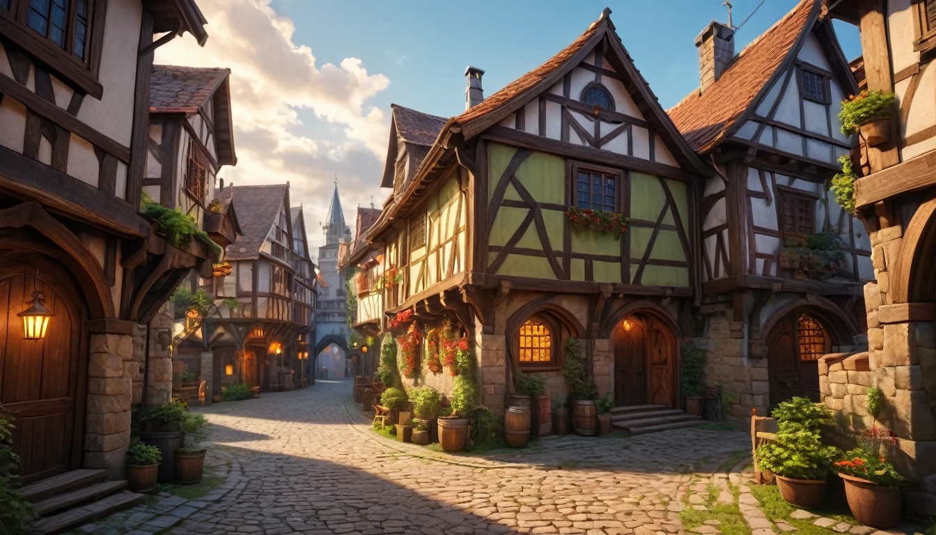 (anime, fantasy, medieval town), (detailed CG unity 8k wallpaper, masterpiece, best quality, ultra-detailed, HDR:1.2), vibrant colors, intricate, high FXAA, a humble medieval town, intersection alley, fantasy medieval, unique houses, dramatic lighting, dramatic camera angle, moody atmosphere
