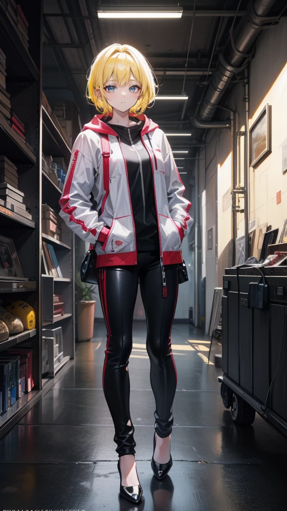 1 girl, short yellow hair, cyberpunk, Alice in Wonderland, black high heels, hand in pocket, best quality, 4k, 8k, highres, masterpiece:1.2, ultra-detailed, realistic, photorealistic, photo-realistic:1.37, HDR, UHD, studio lighting, ultra-fine painting, sharp focus, physically-based rendering, extreme detail description, professional, vivid colors, bokeh, concept art