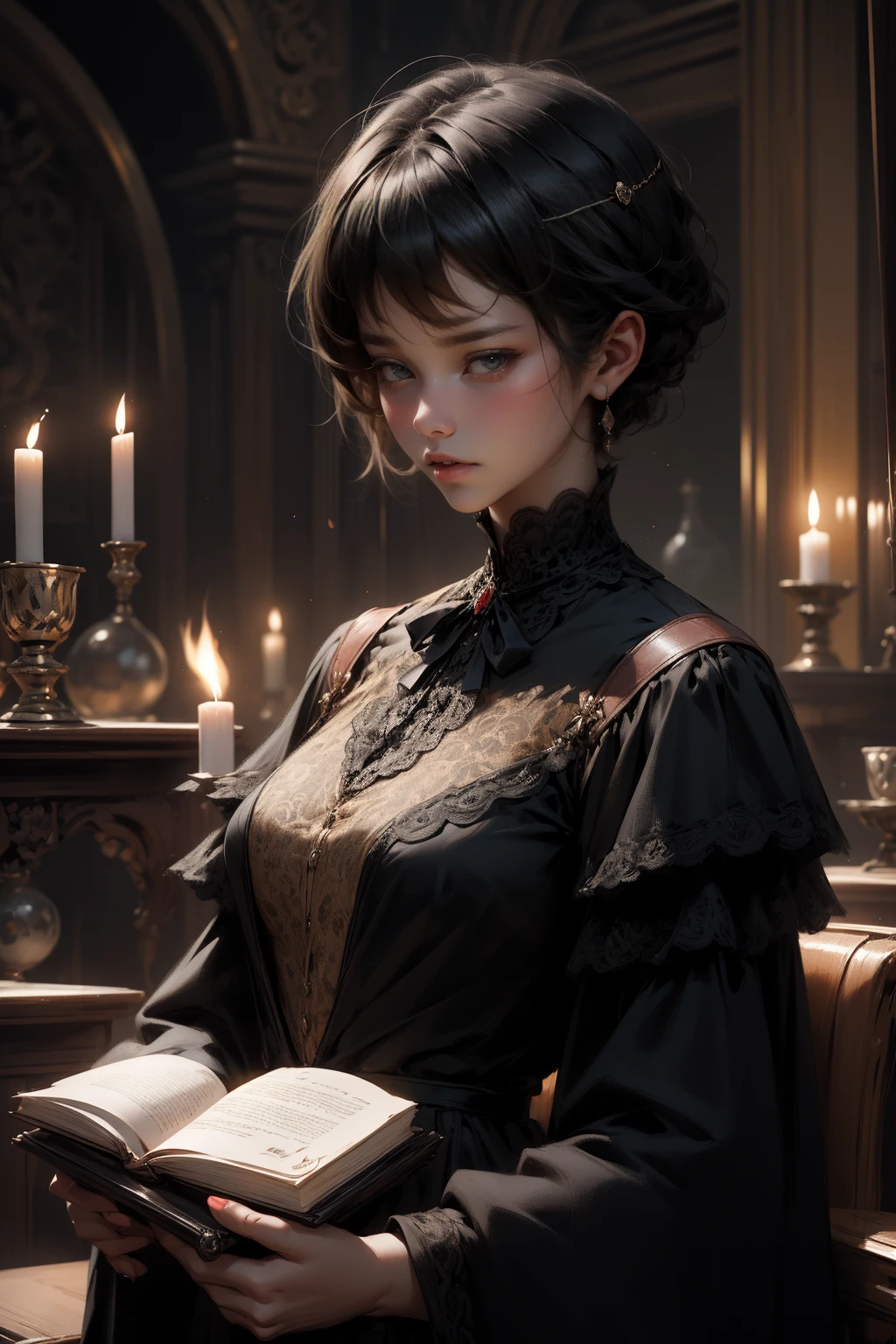 {-erro_de_anatomia:1.0} woman 30 years old, black victorian dress, brown eyes, black hair, short hair, bang, 1968s style, on the saloon, baile, looking at viwer, upper body, dark background, candles, witchcraft, dinamic poses, magic, potions, red lipstik, holding a magic book, angry face, emanating a dark aura