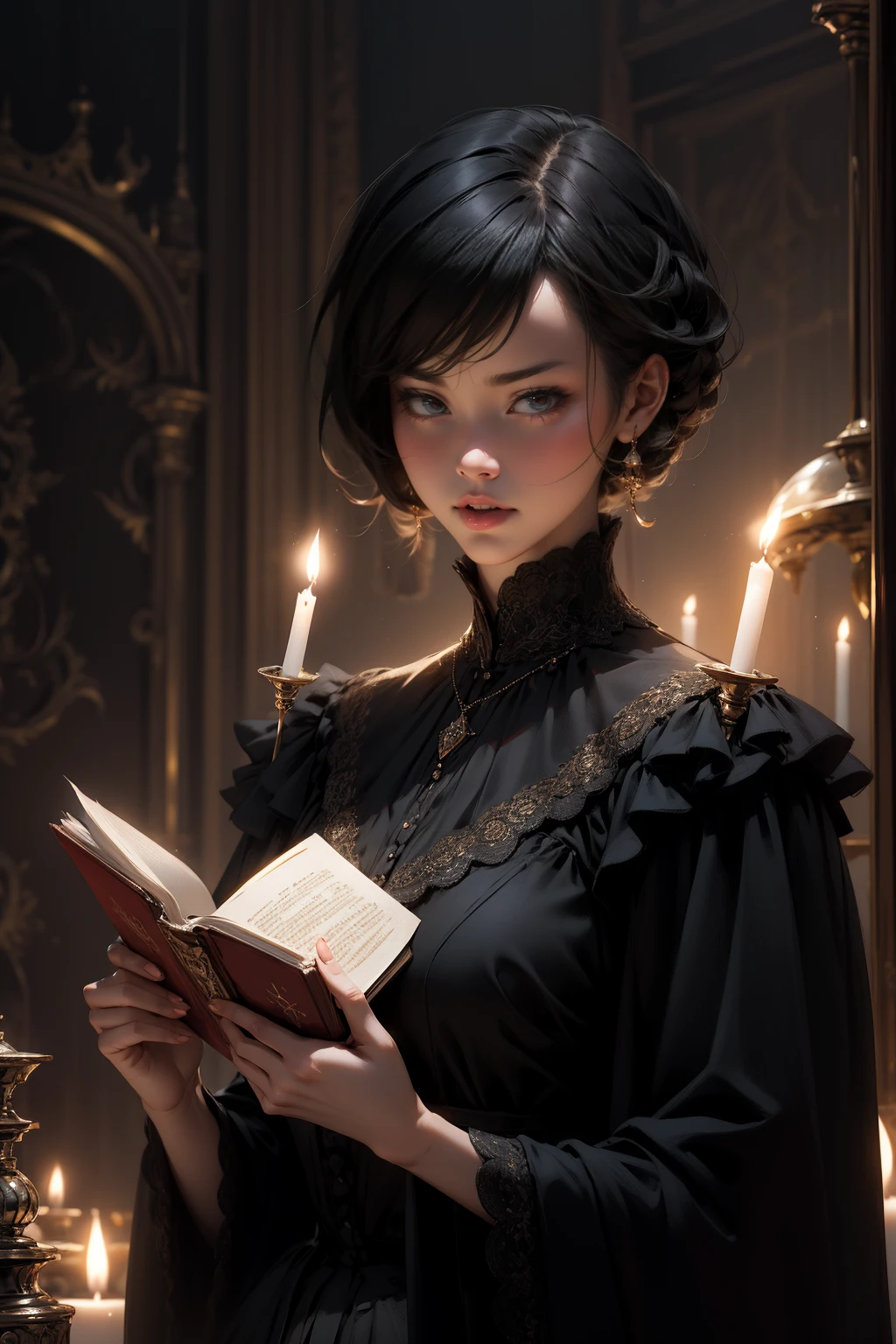 {-erro_de_anatomia:1.0} woman 30 years old, black victorian dress, brown eyes, black hair, short hair, bang, 1968s style, on the saloon, baile, looking at viwer, upper body, dark background, candles, witchcraft, dinamic poses, magic, potions, red lipstik, holding a magic book, angry face, emanating a dark aura