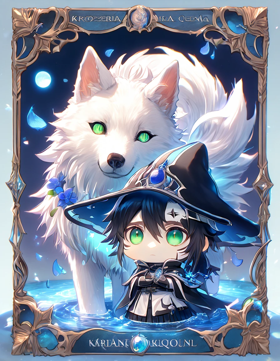absurdres, highres, ultra detailed, HDR, master piece, Ulquiorra Cifer chibi, black hair, expressive green eyes, boy hugging a wolf, white wolf, pale skin, Bleach, magical hat, cute, best quality, blue moon, flowers, fantasy, magical, solo, water, blue shining fireflies, blue petals, cape, the word "Krozseria" is written on his shirt,