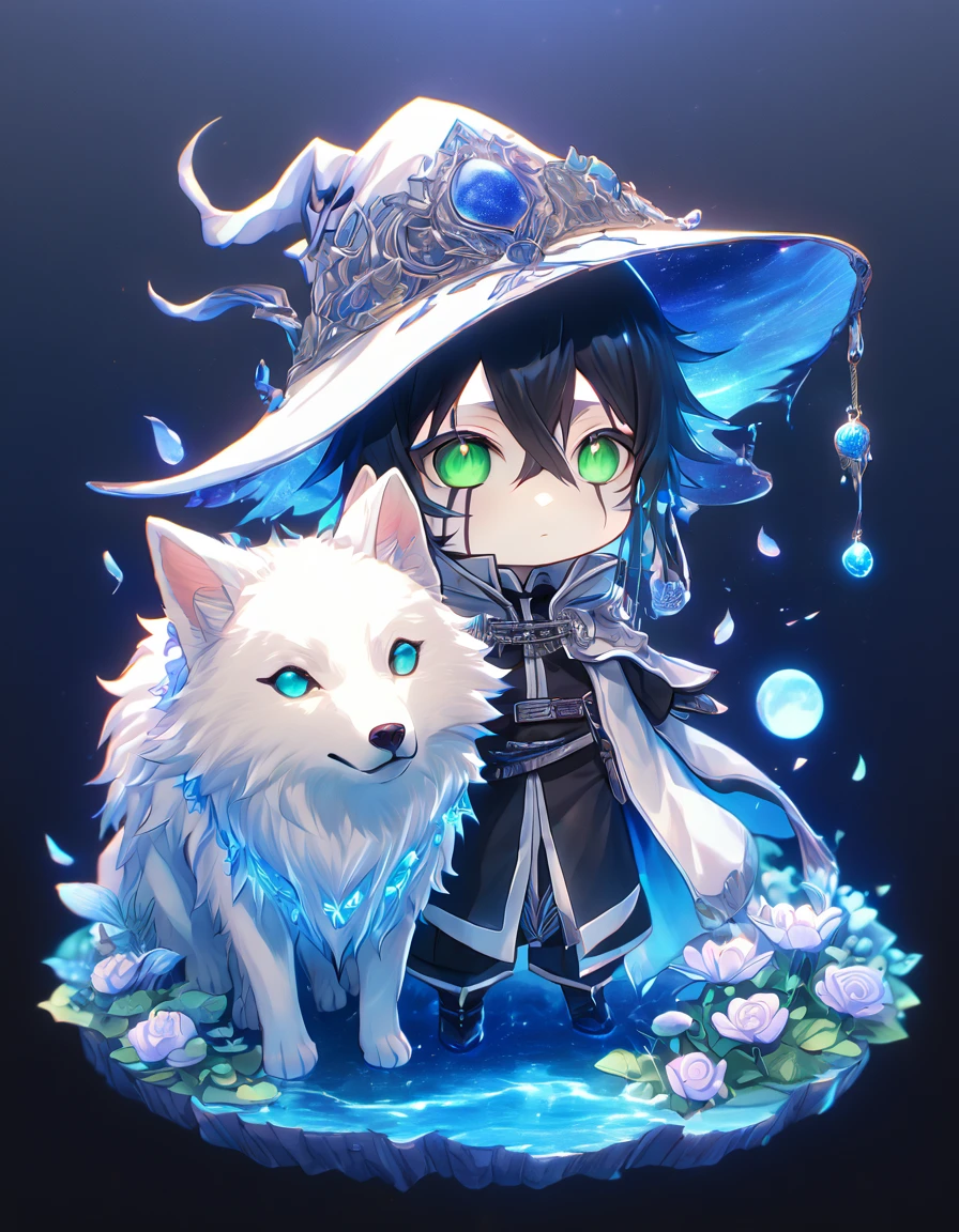 absurdres, highres, ultra detailed, HDR, master piece, Ulquiorra Cifer chibi, black hair, expressive green eyes, boy hugging a wolf, white wolf, pale skin, Bleach, magical hat, cute, best quality, blue moon, flowers, fantasy, magical, solo, water, blue shining fireflies, blue petals, cape, the word "Krozseria" is written on his shirt,
