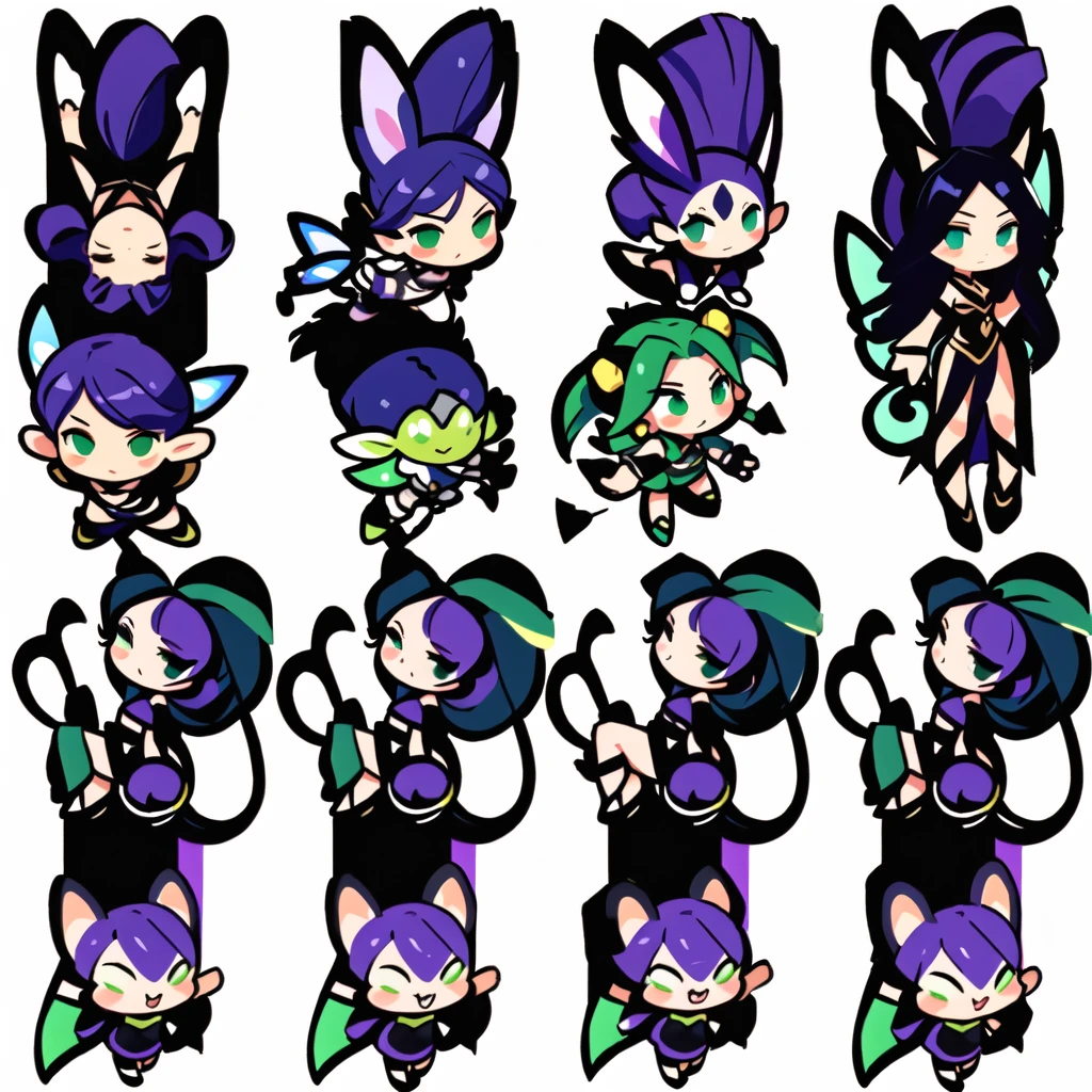 a close up of a cartoon character with different poses, spritesheet, sprite sheet, with familiar sprites, sprites, fairy girl, morgana, default pose neutral expression, twirling, sprite 2 d, shady, green fairy, smol,  multiple poses, cute chibi, kawaii