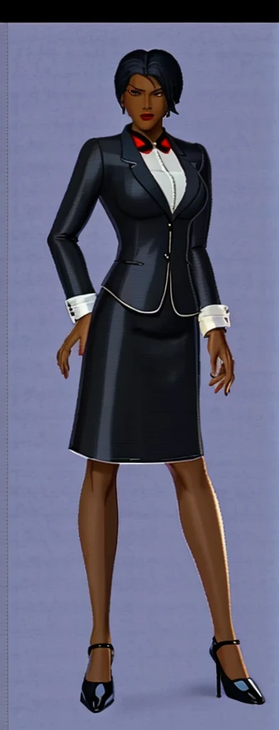 Evil black skinned business woman in a skirt suit 