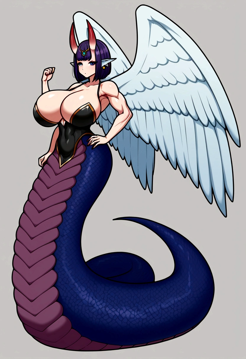 Shuten lamia, gigantic muscular body, gigantic pink lamia body with detailed fish scales, gigantic black angel wings, fish fin ears, big breasts, 4 arms, full body.