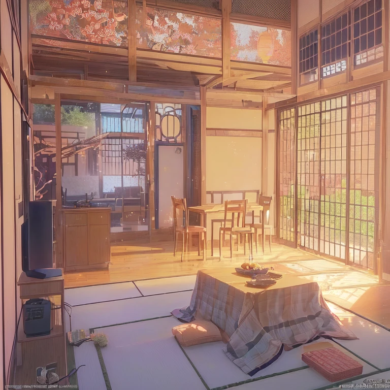 Anime style room with table, chairs and television., animated background art, anime landscape concept art, animated background, cozy home background, 3d realistic anime style, aesthetic anime, Beautiful anime scene, anime style, house kitchen on a sunny day, Japanese house, anime style de estudio manicomio, Relaxing Conceptual Art, cozy and calm atmosphere 