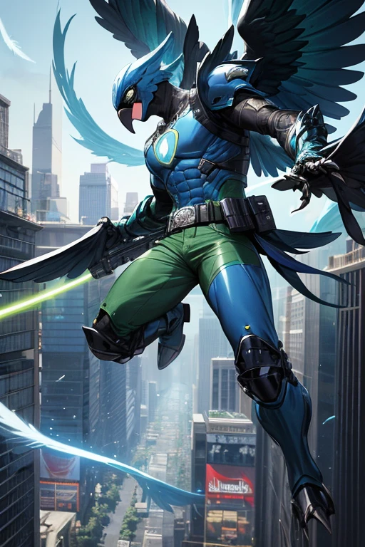 ((best quality)), ((masterpiece)), (detailed), 1 man, full body, 25 years old, masked, blue mask, blue head, uncovered mouth, biker helmet, blue helmet, parrot helmet, black neck, tall, thin, black beak, black details, a green parrot with a blue head on his side, metallic wings, wings on his arms, blue fingerless gloves, blue wristbands, luminous blue wings shooting lasers, blue suit resembling light armor, blue suit with an emblem, entirely green chest, emblem on his chest, green pants, deployable bird tail, metallic feathers, gray knee pads, metallic gray boots, metallic bird claws, black superhero belt, flying through the city, midday city background, anime