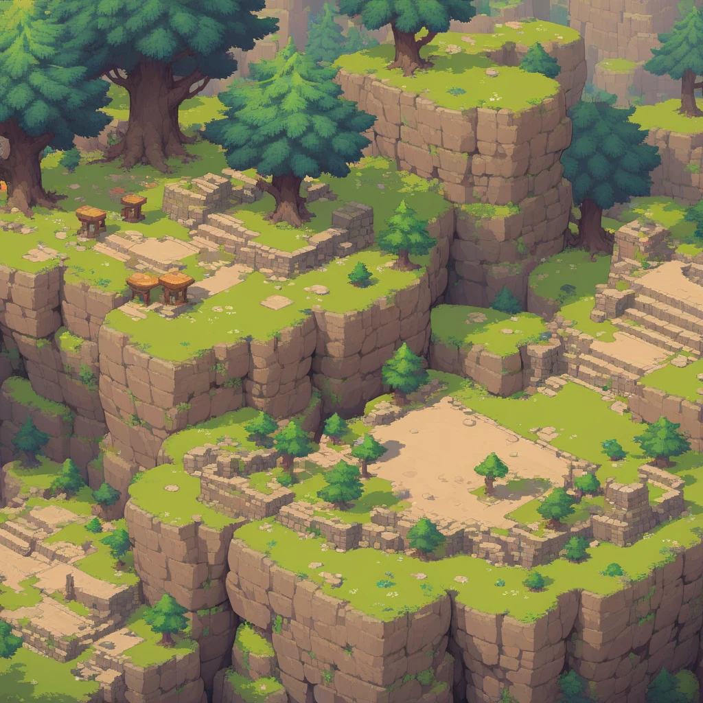 retro video game style,pixelated, vibrant pastel colors,8-bit characters,blocky shapes,sharp lines,detailed shading,classic gaming vibe,nostalgic atmosphere,classic arcade games,masterpiece:1.2,ultra-detailed,illustration style, 2d texture, stone texture, 4 k seamless mud texture, video game texture, dirt texture, tileset, game tiles, grass, 3/4th perspective trees, 3/4th perspective tileable rock texture, 3/4th perspective tileable cliff formations, tileable trees, topdown view, game texture, game art, tileable texture, very detailed cliff texture, intricate stones, top down view, 3/4th perspective