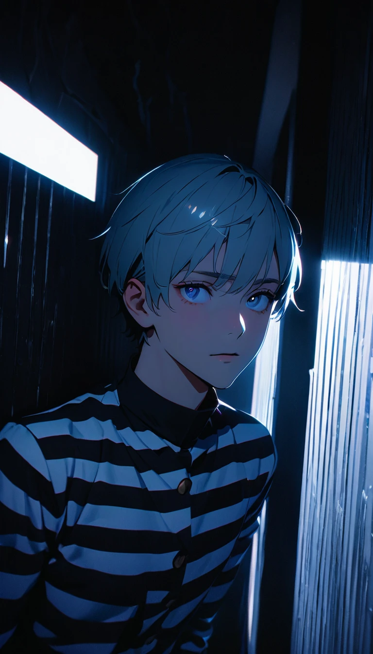(8K, RAW photos, best quality, masterpiece: 1.4), (((The boy looked around)))，Ultra-high resolution, Extremely detailed, Dim Lights, Upper body close-up, handsome boy, black eyes, (delicate eyes, Eyes are bright:1.2), Gray short hair, Fair skin,dark, Black and white striped prison uniform,Black and white striped prison pants,(perfect anatomy:1.2), High-quality shadows, Natural Lighting, (White highlights:1.2), night, cloudy day, (Dimly lit cells:1.2), (Metal walls all around:1.2)