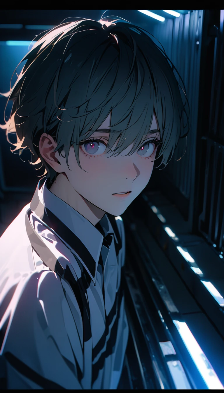 (8K, RAW photos, best quality, masterpiece: 1.4), (((The boy looked around))),Ultra-high resolution, Extremely detailed, Dim Lights, Upper body close-up, handsome boy, black eyes, (delicate eyes, Eyes are bright:1.2), Gray short hair, Fair skin,dark, Black and white striped prison uniform,Black and white striped prison pants,(perfect anatomy:1.2), High-quality shadows, Natural Lighting, (White highlights:1.2), night, cloudy day, (Dimly lit cells:1.2), (Metal walls all around:1.2)