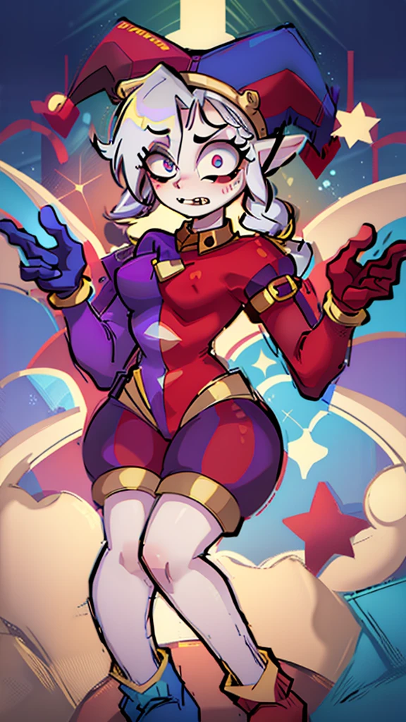 Elfa gato linda surreal, cabelos muito ruivos e detalhados, rosto detalhado, grandes chifres de demonio, gorda, corpo inteiro, grandes olhos, nariz longos e pontudos, colettetrixie, sharp teeth, hair over one eye, hairband, demon horns, colored sclera, purple shirt, purple shorts, demon wings, frieren, 1girl, long hair, pointy ears, twintails, jewelry, elf, earrings, capelet, white capelet, long sleeves, parted bangs, dress, belt, flower, pomni, jester cap, gloves, puffy short sleeves, red eyes and blue eyes, striped, very very big ass, jinxlol, 8k