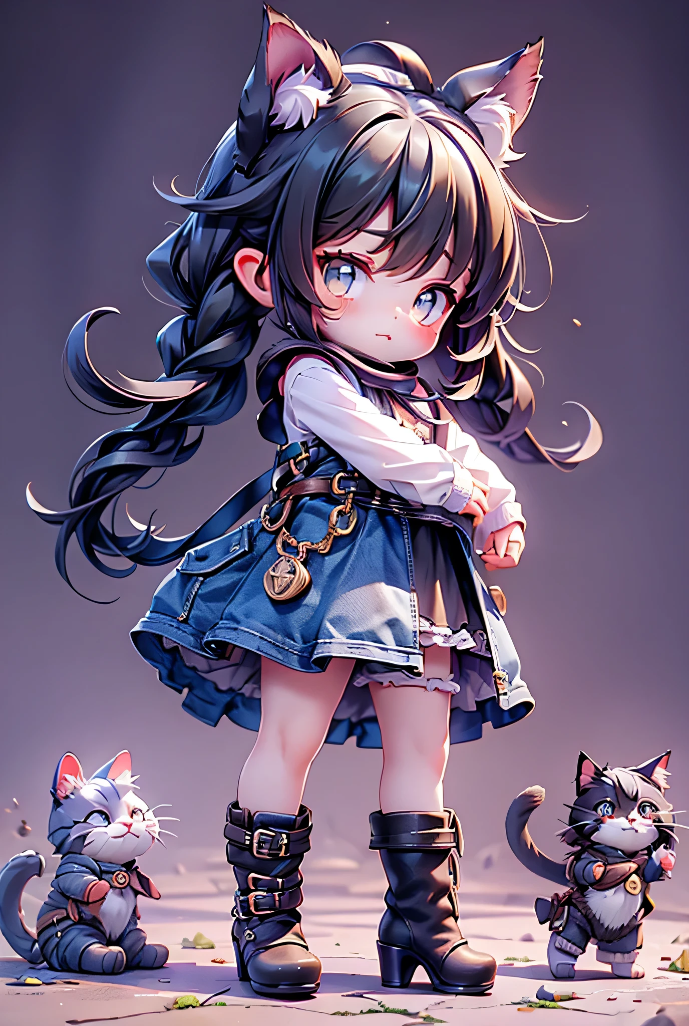 mamga style kitten with ears, wearing one boot of each color, in a denim skirt black vest