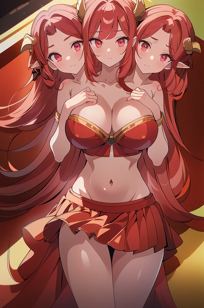 (masterpiece, best quality), best quality, (ultra-detailed), (3heads:1.5), 1girl, (Singyoku :1.3), masterpiece, best quality, ultra quality, ultra resolution, ultra detail, red top, crop top, ((stomach)), midriff, ((groin)), red skirt, normal ears, shackles, flowing red hair, very long hair, wavy hair, sidelocks, glowing red eyes, parted lips, detailed eyes, sweat, cute, toned belly, hand on own chest, eyelashes, (24 year old woman:1.3), (masterpiece:1.5), (best quality:1.5), (beautiful detailed), extremely detailed CG, extremely delicate and beautiful, depth of field, (finely detailed face), (perfect details:1.2), (mature female:1.3), wide pelvis, slender, large veiny breast, 16k resolution, highres, very high quality, very high definition, extremely detailed, masterpiece, flowing red hair, long hair, alluring presence, braid, short skirt, close up, big tits, huge tits, young, horns,