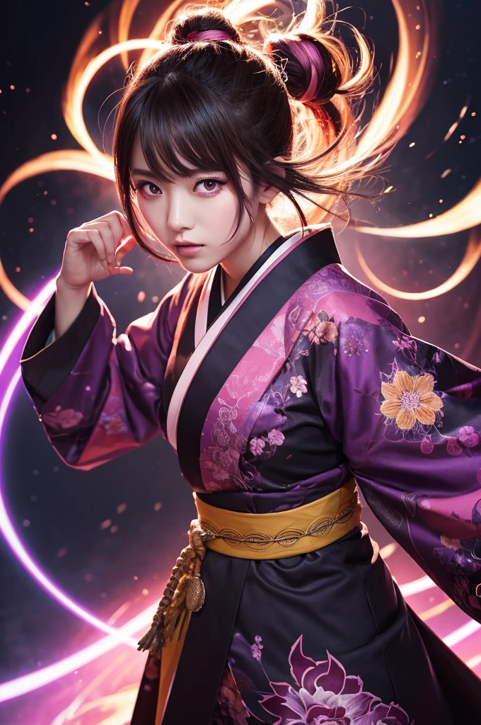 
A fierce Japanese girl is depicted in a vertical, anime-style illustration. She has long, flowing dark hair highlighted with vibrant pink streaks, and her eyes glow an intense, matching pink. She is wearing a traditional kimono with intricate patterns, and her expression is determined and powerful. Her fist is extended forward, emanating bright, pink energy that swirls around her, creating a dynamic and intense atmosphere.

The background is a chaotic swirl of dark purples and pinks, enhancing the sense of movement and energy. The artist employs digital painting techniques to achieve high detail, particularly in the glowing energy effects and the intricate designs of the kimono. The lighting is dramatic, with strong contrasts and glowing highlights that emphasize the character's fierce aura. The use of vivid colors and dynamic composition creates a visually striking and emotionally charged image.