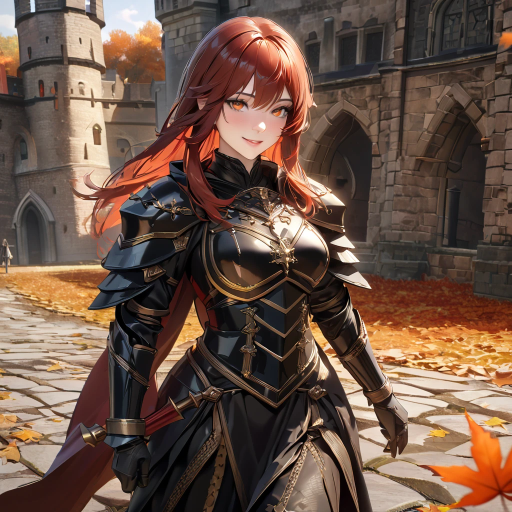 A woman wearing heavy black armor with gold details, helm with exposed face, red feather on helm, black metal bracelet, black metal boots, holding a sword, long black cape, auburn red hair, orange eyes, smiling, walking on the side exterior of a large medieval castle, in autumn weather..UHD , prime work , accurate , anatomically correct , textured skin , super details , high quality , best quality, 8k, high resolution, bokeh effect. (woman alone), close view. realistic
