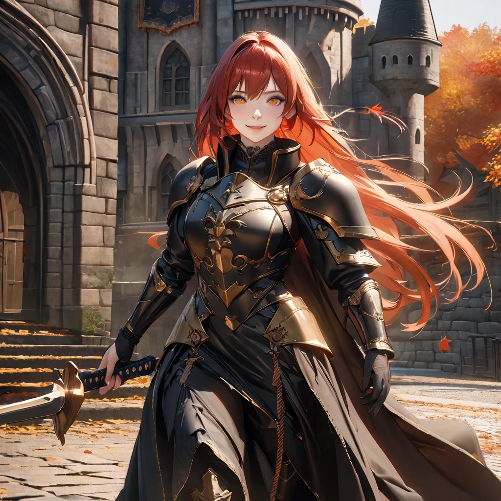 A woman wearing heavy black armor with gold details, helm with exposed face, red feather on helm, black metal bracelet, black metal boots, holding a sword, long black cape, auburn red hair, orange eyes, smiling, walking on the side exterior of a large medieval castle, in autumn weather..UHD , prime work , accurate , anatomically correct , textured skin , super details , high quality , best quality, 8k, high resolution, bokeh effect. (woman alone), close view. realistic
