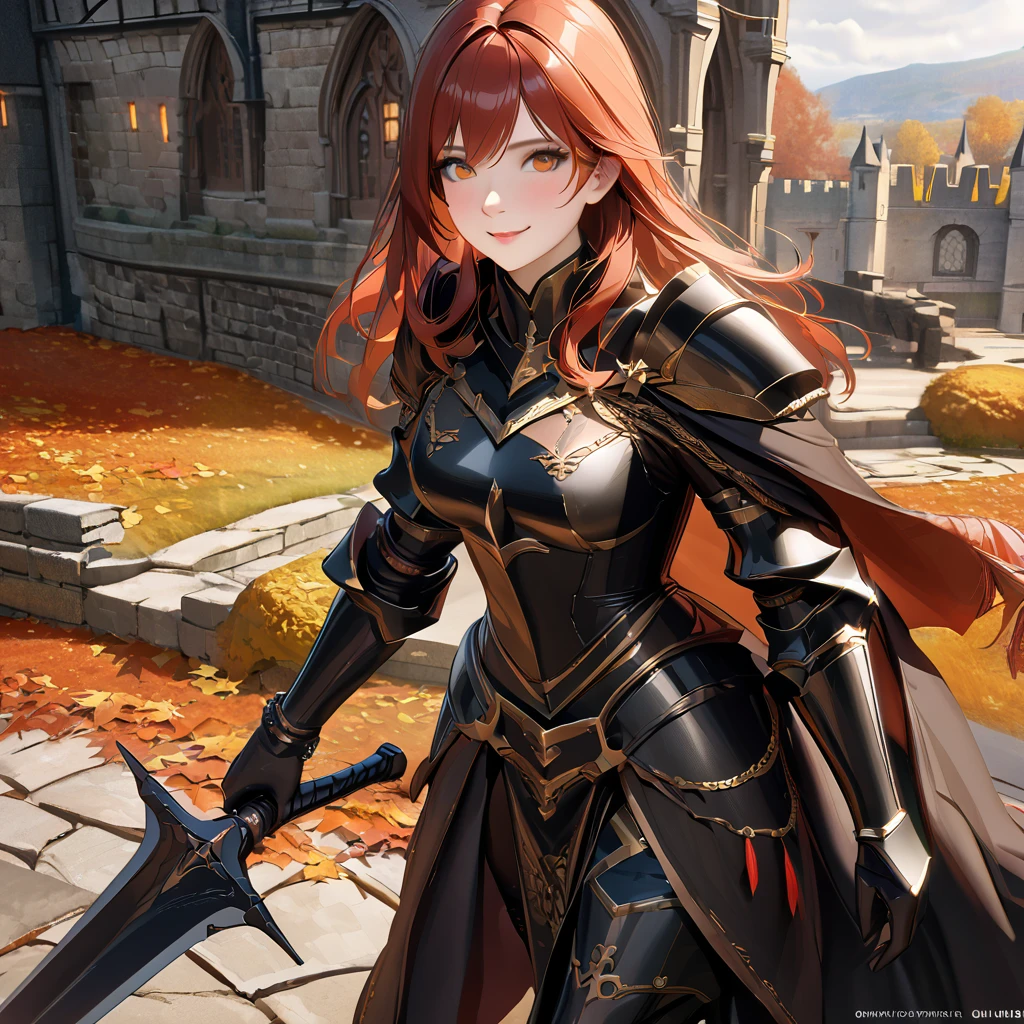 A woman wearing heavy black armor with gold details, helm with exposed face, red feather on helm, black metal bracelet, black metal boots, holding a sword, long black cape, auburn red hair, orange eyes, smiling, walking on the side exterior of a large medieval castle, in autumn weather..UHD , prime work , accurate , anatomically correct , textured skin , super details , high quality , best quality, 8k, high resolution, bokeh effect. (woman alone), close view. realistic
