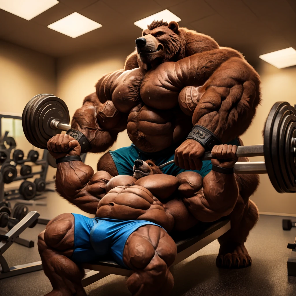 (best quality, 4k, highres, masterpiece:1.2), 1bear, 1boy, ultra-detailed, fury, furry art (realistic, photorealistic, photo-realistic:1.37), massive muscular, huge muscular, chubby Grizzly bear, working out, incline bench press, workout in the gym, pumping his huge pectoral muscles, straining, sweating, black shorts and black wristbands, lifting heaviest weight, barbells, gym equipments, brown hair, thick brown fur, super thick arms, super big pectoral, super wide hairy pectoral, topless, shirtless, eyebrows, impressive brown beard, strong jawline, kind eyes, strong arms, proud posture, well-built physique, professional lighting and backdrop, intense shadows, vibrant colors, dramatic composition, gritty texture, vintage aesthetic, dynamic perspective. Add textures and details to make the image more realistic, such as the appearance of the body built muscles texture and the appearance of the brown fur, pumping up Bench Press 500lbs raw paused x2 405x10 pumping irons of swollen muscles