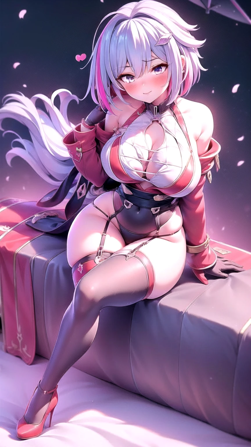 Jellotopaz, hair ornaments , (())), Red High Heels, )), (()), Sitting, Crossed legs, Big thighs、Knee-high socks、Long gloves、garter belt、Sexy、sexy、Estrus、Enchanting、Sweat、vapor