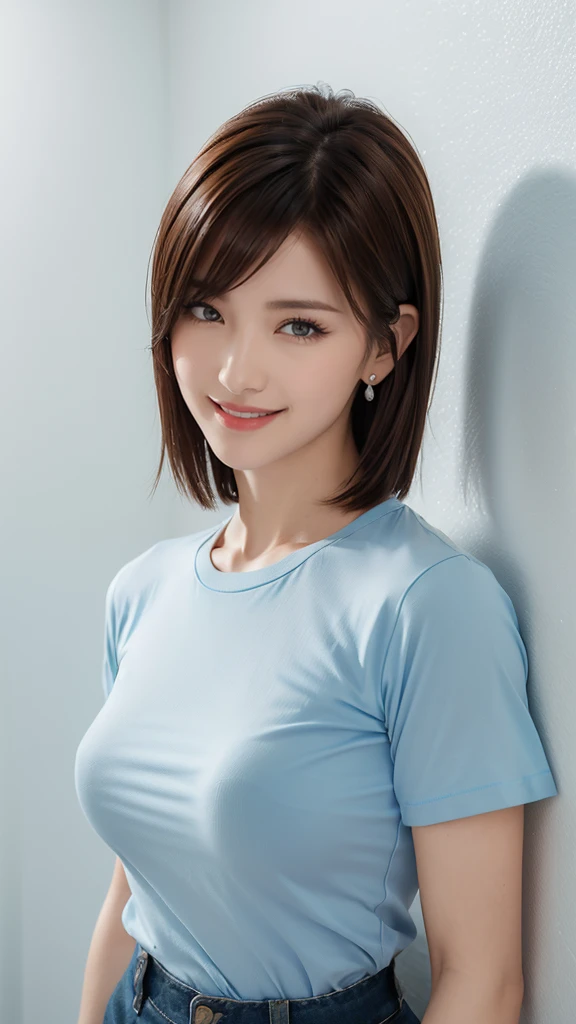 (Highest quality、8K、32k、masterpiece)、(Realistic)、(Realistic:1.2)、(High resolution)、Very detailed、Very beautiful face and eyes、1 Girl、Round and small face、Tight waist、Delicate body、F cup breasts、(Highest quality、High detail、Rich skin detail)、(Realistic、Realistic:1.37)、Bright colors、(((Brown Hair)))、(((Full Body Shot)))、(((Medium Hair)))、(((This is a stylish hairstyle)))、(((White wall background)))、(((White wall background)))、(((smile)))、(((明るいsmileです)))、(((Teeth are visible)))、(((Wearing a light blue T-shirt)))、(((The T-shirt has English text on the front..)))、(((hot pants)))、(((デニムのhot pants)))、(((Black Hair)))、(((Hands on hips)))、(((Leaning forward)))、(((Beautiful clavicle)))、(((She tucks her hair behind her ear with her right hand)))、(((Light blue shirt)))、