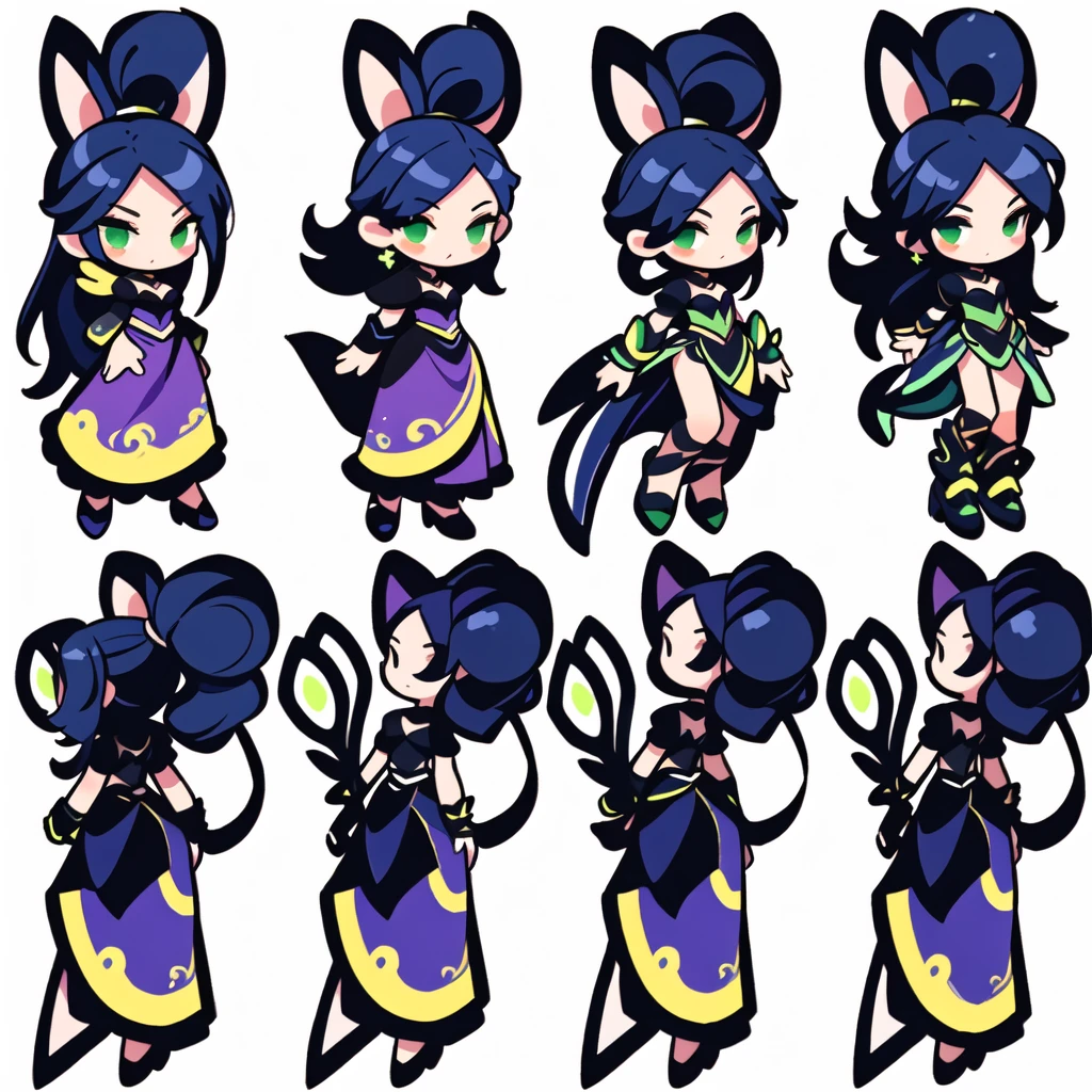 a close up of a cartoon character with different poses, spritesheet, sprite sheet, with familiar sprites, sprites, fairy girl, morgana, default pose neutral expression, twirling, sprite 2 d, shady, green fairy, smol, multiple poses, cute chibi, kawaii