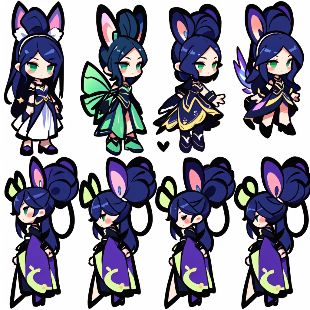 a close up of a cartoon character with different poses, spritesheet, sprite sheet, with familiar sprites, sprites, fairy girl, morgana, default pose neutral expression, twirling, sprite 2 d, shady, green fairy, smol, multiple poses, cute chibi, kawaii