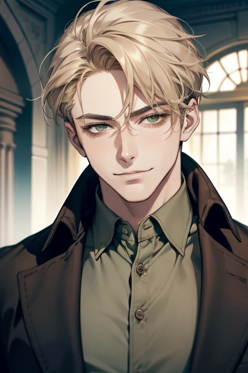 masterpiece, best quality, realistic, 1man, mature male, quiet and charming young man, 18 years old, smirk and look on the side, closed mouth, portrait, extremely detailed face, smirk, (dark green eyes), (short-side-swept sandy blonde hair)), [thick eyebrows], (detective clothing)