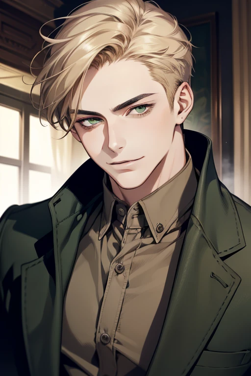 masterpiece, best quality, realistic, 1man, mature male, quiet and charming young man, 18 years old, smirk and look on the side, closed mouth, portrait, extremely detailed face, smirk, (dark green eyes), (short-side-swept sandy blonde hair)), [thick eyebrows], (detective clothing)